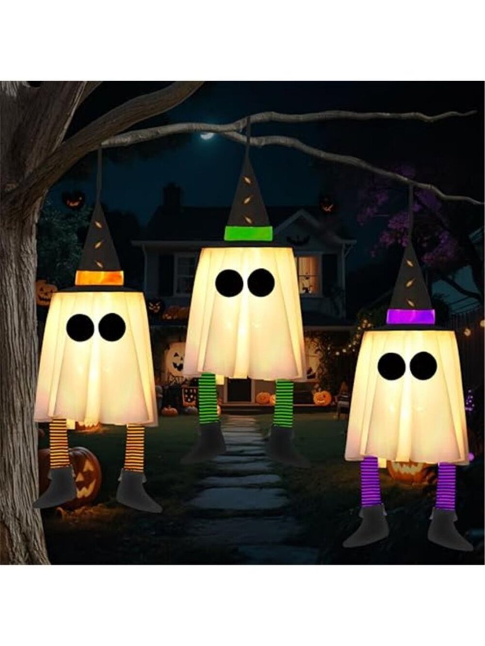 J23.6'' 3PCS Halloween Hanging Ghosts Decorations Outdoor, Witch Hats